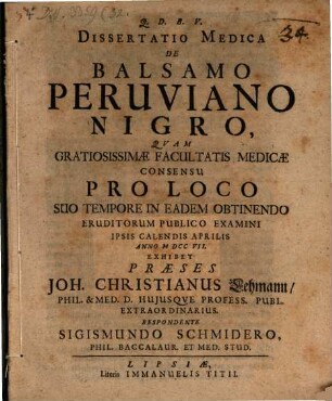 Dissertatio Medica De Balsamo Peruviano Nigro