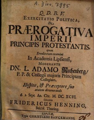 Exercitatio Politica, De Praerogativa Imperii Principis Protestantis