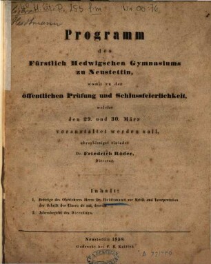 Programm des Königlichen Fürstlich-Hedwigschen Gymnasiums zu Neustettin : für das Schuljahr von Ostern ... bis Ostern .... 1857/58 (1858)