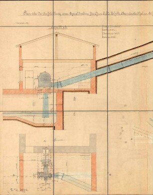Aufstellung einer Spezialturbine für J. B. Schelb, Obermünstertal; Schnitte 1:25; gef. v. Oesterken & Schmid 1909; genehmigt v. Bezirksamt Staufen, 1910; kol. Handzeichnung