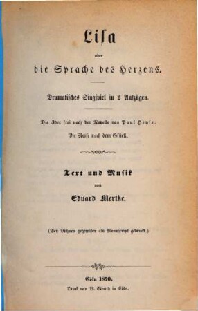 Lisa oder die Sprache des Herzens : dramatisches Singspiel in 2 Aufzügen