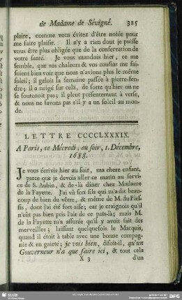 Lettre CCCCLXXXIX. A PAris, ce Mécredi, au soir, 1. Décembre, 1688