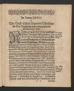 I. Der Hoch-Edlen Frau von Osterhausen Sel. Beysetung und dabey gehaltene Einsegnungs-Rede.