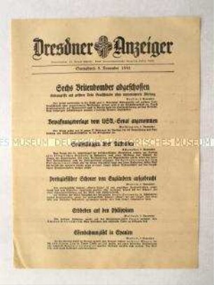 Nachrichtenblatt "Dresdner Anzeiger" u.a. zum Abschuss sechs britischer Bomber über deutschem Luftraum
