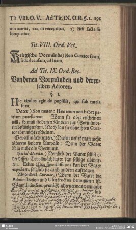 Ad Tit. IX. Ord. Rec. Von denen Vormünden und dererselben Actoren