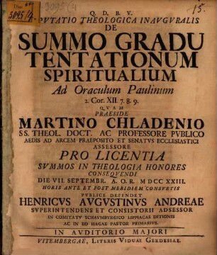 Disp. theol. inaug. de summo gradu tentationum spiritualium, ad oraculum Paulinum 2. Cor. XII, 7 - 9