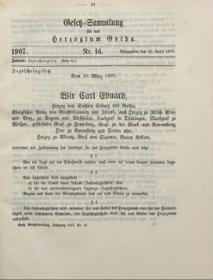 16. Jagdscheingesetz. Vom 28. März 1907