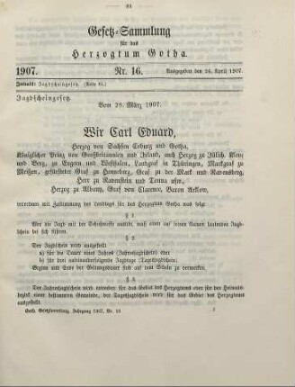 16. Jagdscheingesetz. Vom 28. März 1907