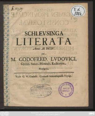 Schlevsinga Literata Anno MDCCIV