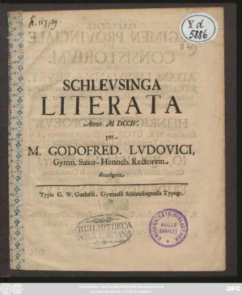 Schlevsinga Literata Anno MDCCIV