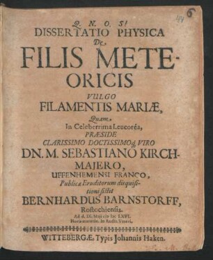 Dissertatio Physica De Filis Meteoricis Vulgo Filamentis Mariae