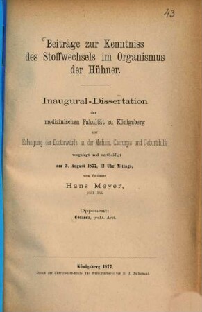 Beiträge zur Kenntniss des Stoffwechsels im Organismus der Hühner : Inaugural-Dissertation