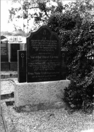 Grabstein 419 (Index: 99797468) Material: Basalt, Granit Zustand: gut Maße HxBxT: 163x102x21 cm Beschreibung: Stele, geschweifter Abschluß Symbolik: Levitenkanne mit Schale, Blattfries: Grabstein 419