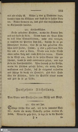Funfzehnte Abtheilung. Von Eiern und Eierspeisen von Milch und Mehl