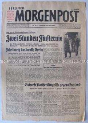 Titelblatt der Tageszeitung "Berliner Morgenpost" zu einer Verdunklungsübung in Berlin