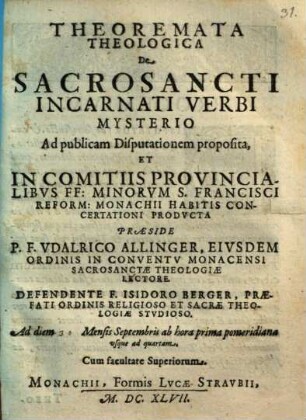 Theoremata theol. de sacrosancti incarnati verbi mysterio