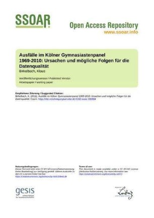 Ausfälle im Kölner Gymnasiastenpanel 1969-2010: Ursachen und mögliche Folgen für die Datenqualität