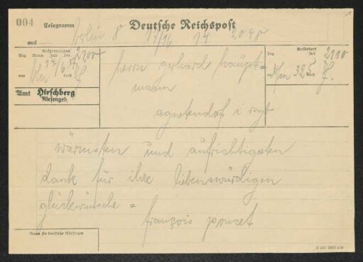 Brief von André François-Poncet an Gerhart Hauptmann