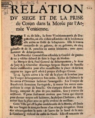 Relation du siège et de la prise de Coron dans la Morée par l'armée vénitienne