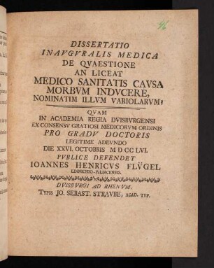 Dissertatio Inavgvralis Medica De Qvaestione An Liceat Medico Sanitatis Cavsa Morbvm Indvcere Nominatim Illvm Variolarvm