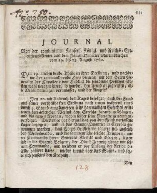 Journal Von der combinirten Kayserl. Königl. und Reichs-Executions-Armee aus dem Haupt-Quartier Martinskirchen vom 19. bis 25. Augusti 1760