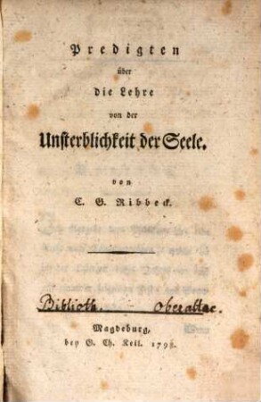 Predigten über die Lehre von der Unsterblichkeit der Seele