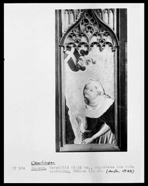 Rest eines Altarflügels vom ehem. Hochaltar des Münsters, Vorderseite: Magdalena und Fahne Christi aus einem Noli me tangere, Rückseite: Kopf des Herodes und Teile eines Kriegsknechtes (Bethlehemitischer Kindermord)
