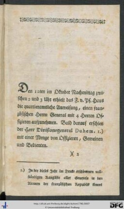 Duhem, der französische Divisions-General, zu Freyburg im Breisgau, vom 12ten bis 14ten Oktober 1796.