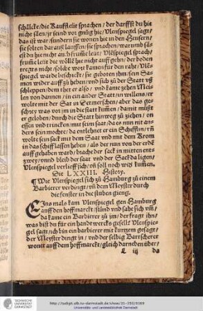 Die LXXIII. History Wie Vlenspiegel sich zu Hamburg zu einem Barbierer verdingt/vn dem Meyster durch die fenster in die stuben gieng