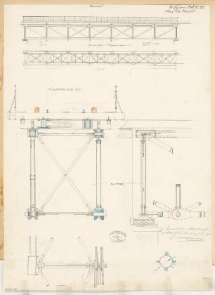Eiserne Fachwerkbrücke Monatskonkurrenz Februar 1878: Grundriss, Aufriss Seitenansicht 1:100; 2 Schnitt 1:20; Details