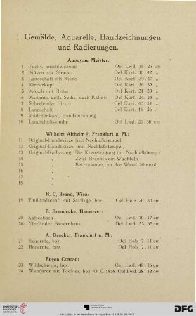 I. Gemälde, Aquarelle, Handzeichnungen und Radierungen (Nr. 1-125)