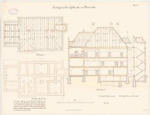 Amtsgericht und Gefängnis, Neurode: Gericht: Grundriss Bankette, Dachgeschoss, Längsschnitt 1:100
