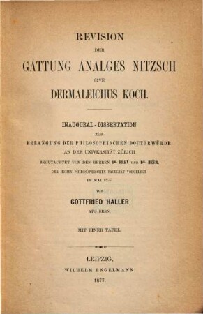 Revision der Gattung Analges Nitzsch sive Dermaleichus Koch : Mit einer Tafel. Zürich. Inaug. Dissert.