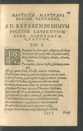 Baptistae Mantuani, Blasius Cappadox, Ad Reverendissimum Puccium Laurentium Card. Sanctorum Quatuor.