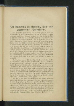 Zur Gründung des Konsum=, Bau= und Sparvereins "Produktion".