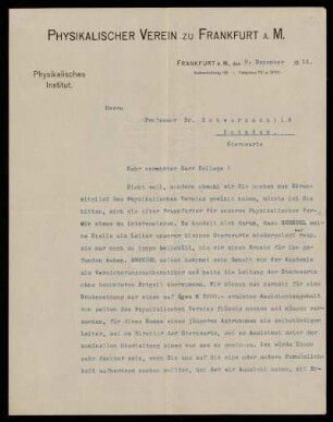 Brief von Richard Wachsmuth an Karl Schwarzschild, Frankfurt am Main, 9.12.1911