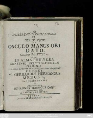 Dissertatio Philologica De Neshiḳat yad le-feh h.e. Osculo Manus Ori Dato, Occasione Jobi XXXI, 27.