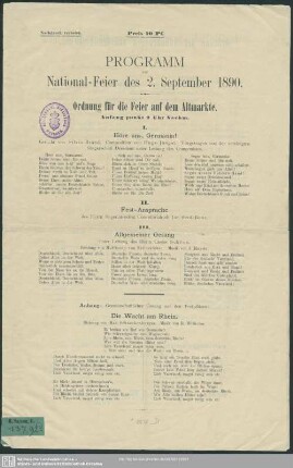 Programm zur Nationalfeier des 2. September 1890 : Ordnung für die Feier auf dem Altmarkte