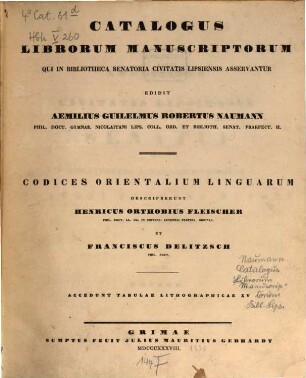 Catalogus librorum manuscriptorum, qui in bibliotheca senatoria civitatis Lipsiensis asservantur