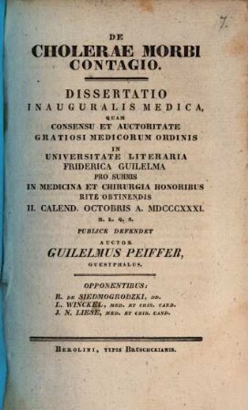 De cholerae morbi contagio : dissertatio inauguralis medica