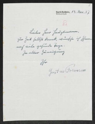 Brief von Gustav Frenssen an Gerhart Hauptmann