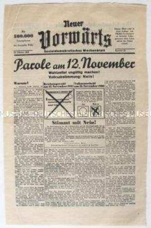 Exilausgabe der SPD-Organs "Vorwärts" zur "Reichstagswahl" und Volksabstimmung am 12. November 1933