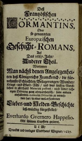 2: Der Frantzösische Cormantin, Oder so genannter Europaeischer Geschicht-Roman, Auf Das 1687. Jahr. 2