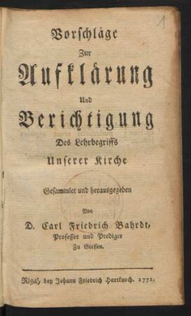 Vorschläge Zur Aufklärung Und Berichtigung Des Lehrbegriffs Unserer Kirche