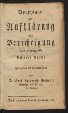 Vorschläge Zur Aufklärung Und Berichtigung Des Lehrbegriffs Unserer Kirche
