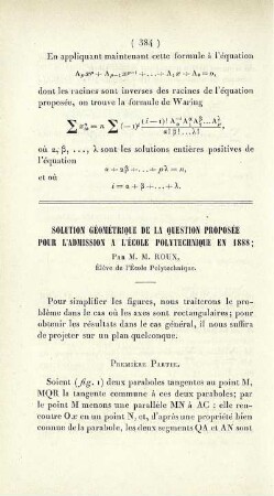 Solution géométrique de la question proposée pour l'admission a l'École Polytechnique en 1888.