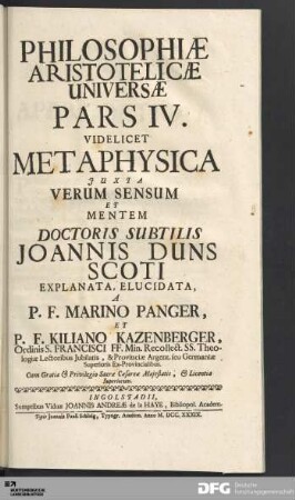 Philosophiæ Aristotelicæ Universæ Pars IV. Videlicet Metaphysica