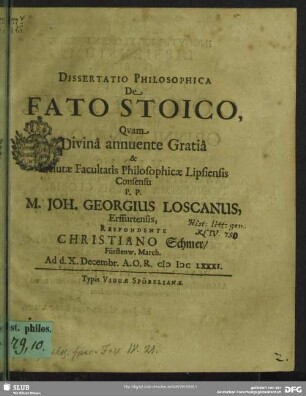 Dissertatio Philosophica De Fato Stoico