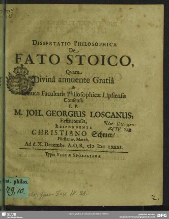 Dissertatio Philosophica De Fato Stoico