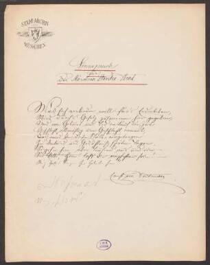 Nachlass von Ernst von Destouches (1843 - 1916) - BSB E. Destouchesiana, I.B.25. Ernst von Destouches (1843-1916) Nachlass: Sinnspruch für das Münchener Standesamt - BSB E. Destouchesiana I.B.25